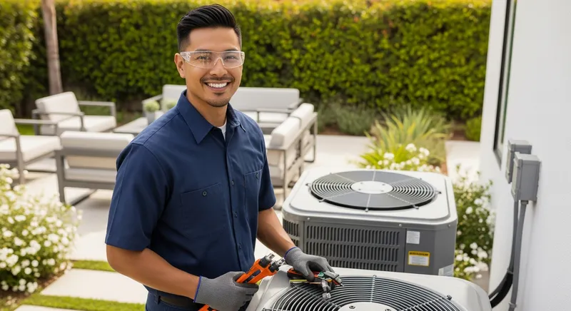 an HVAC technician in a blue shirt standing next to an HVAC unit in a backyard of a San Diego home for an HVAC replacement service in San Diego California
