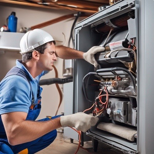 HVAC technician performing heating and cooling system maintenance in encinitas